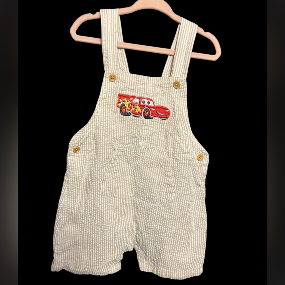 Disney Cars Beige Striped Searsucker Overalls